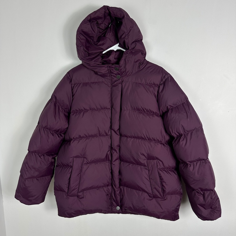 Eileen Fisher Purple Puffer Down‎ Feather Coat Hooded Womens Size Medium Quilted